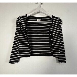 On Deux Trois Womens Black Striped Crop Cardigan Large Puff Shoulder Open Front